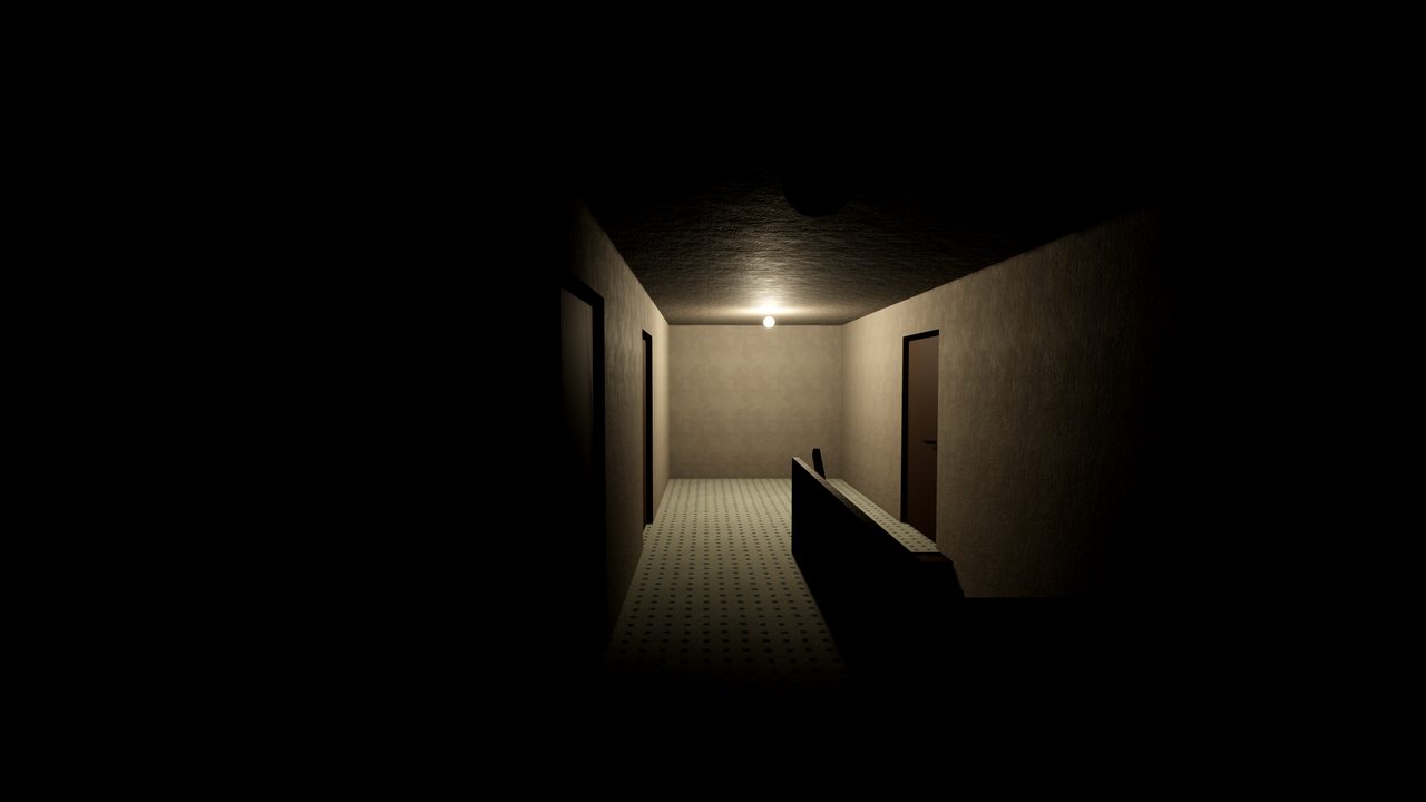 Dunkler Flur mit einer Reihe von Türen im Licht einer einzelnen Deckenlampe