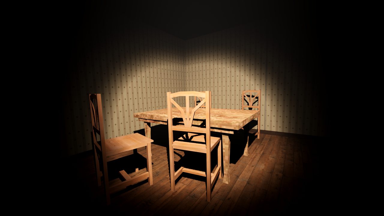 Dunkles Esszimmer, nur eine Lampe über dem Tisch brennt